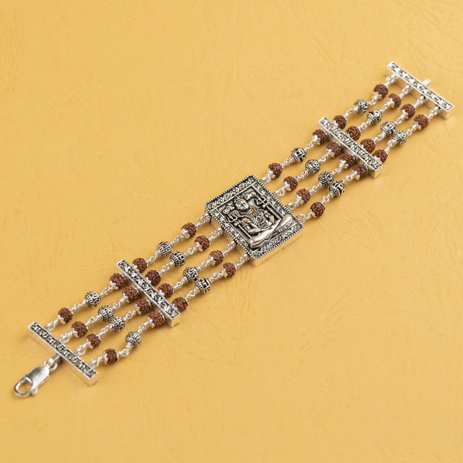 Rudraksha With Om Namah Shivay Silver Four Line Bracelet