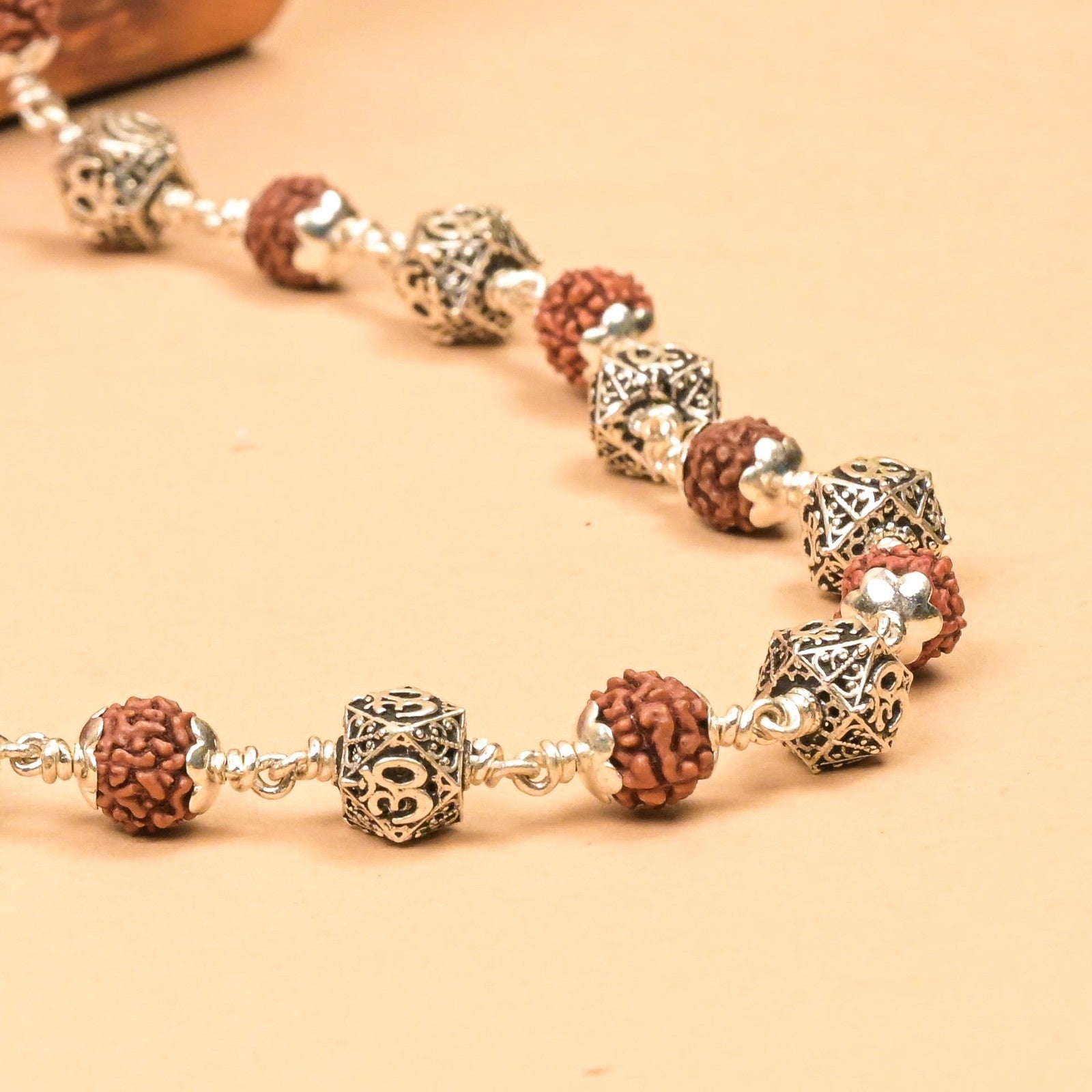 Rudrksha With Hexagon Om Silver Beads Mala