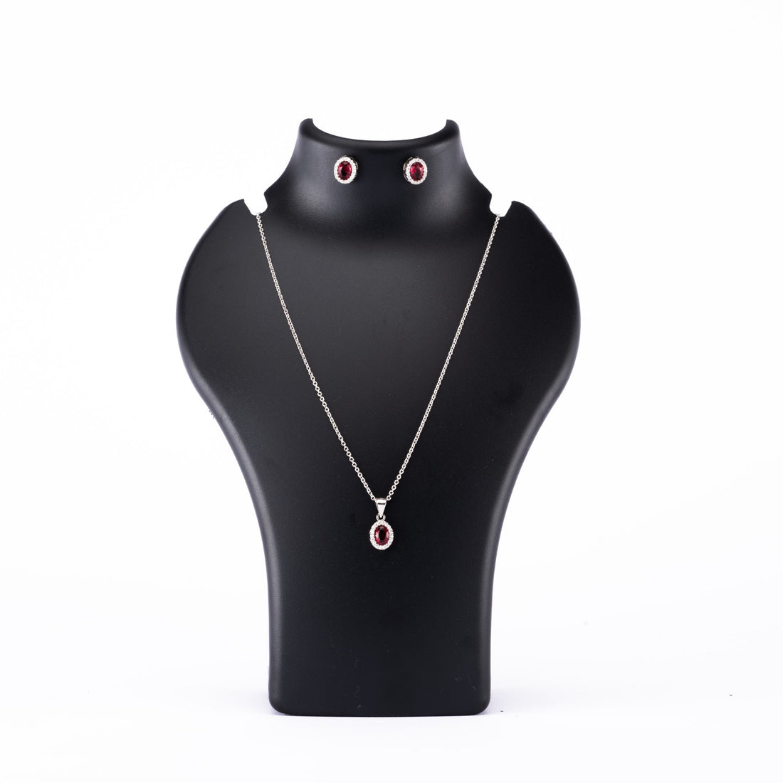 Silver Set Chain Pendant and Earrings with Red Stones for Women