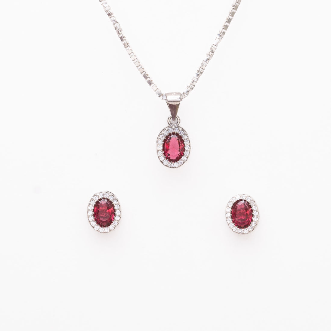 Silver Set Chain Pendant and Earrings with Red Stones for Women