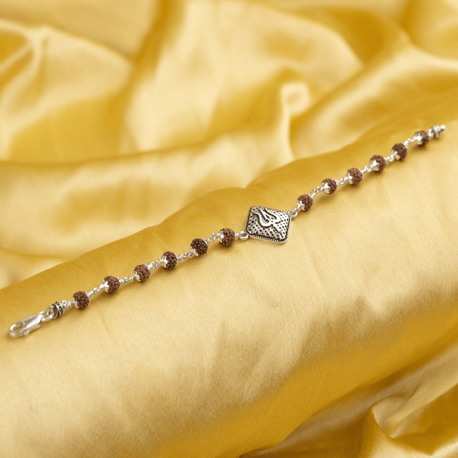 Rudraksha With Trishul on Rhombus Silver Broach Bracelet