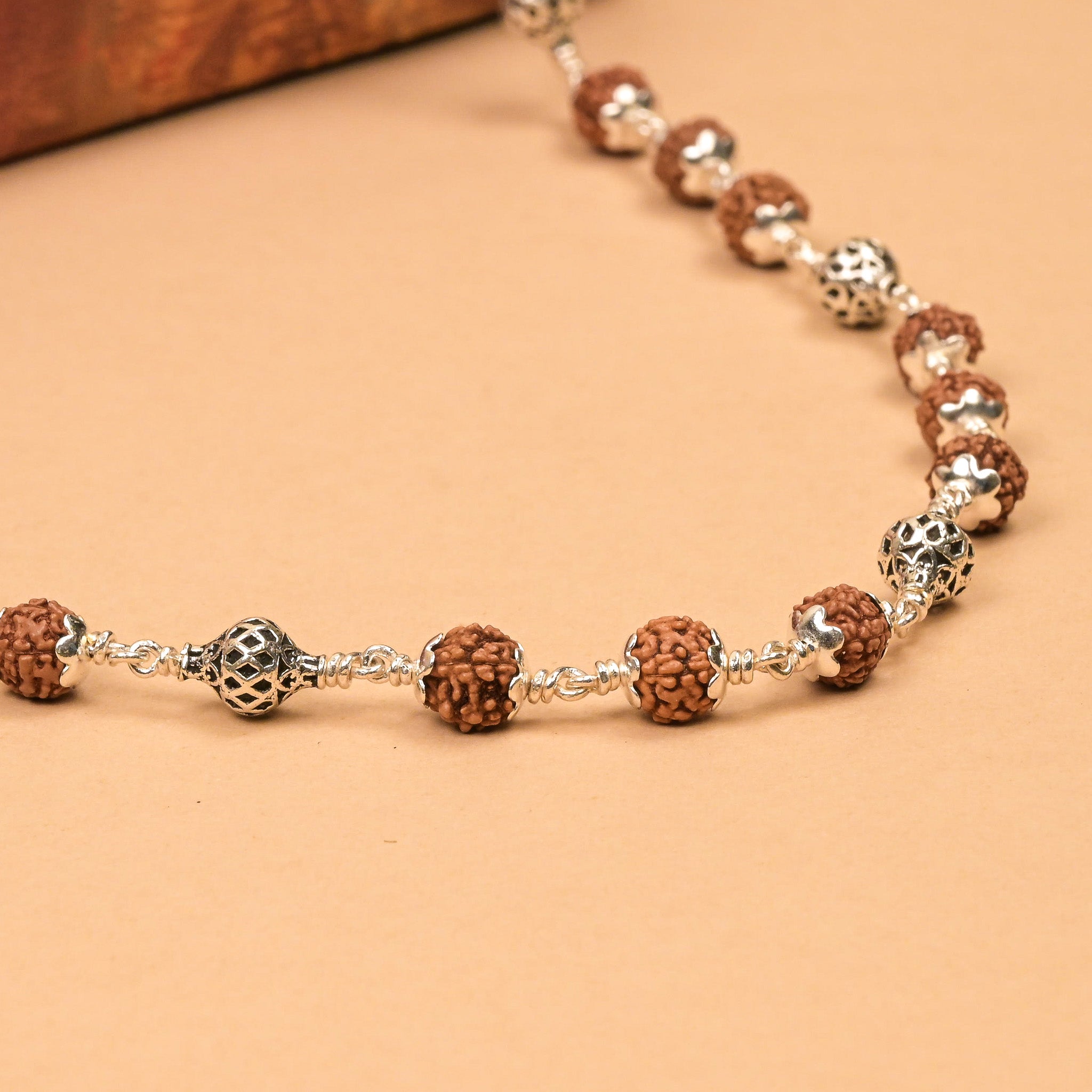 Rudraksha With Ornate Sphere Silver Beads Mala