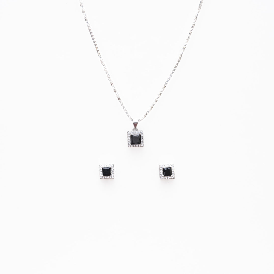 Silver set Chain square pendant and earrings with black stones for women