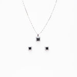 Silver set Chain square pendant and earrings with black stones for women