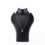 Silver set Chain square pendant and earrings with black stones for women