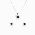 Silver set Chain square pendant and earrings with black stones for women