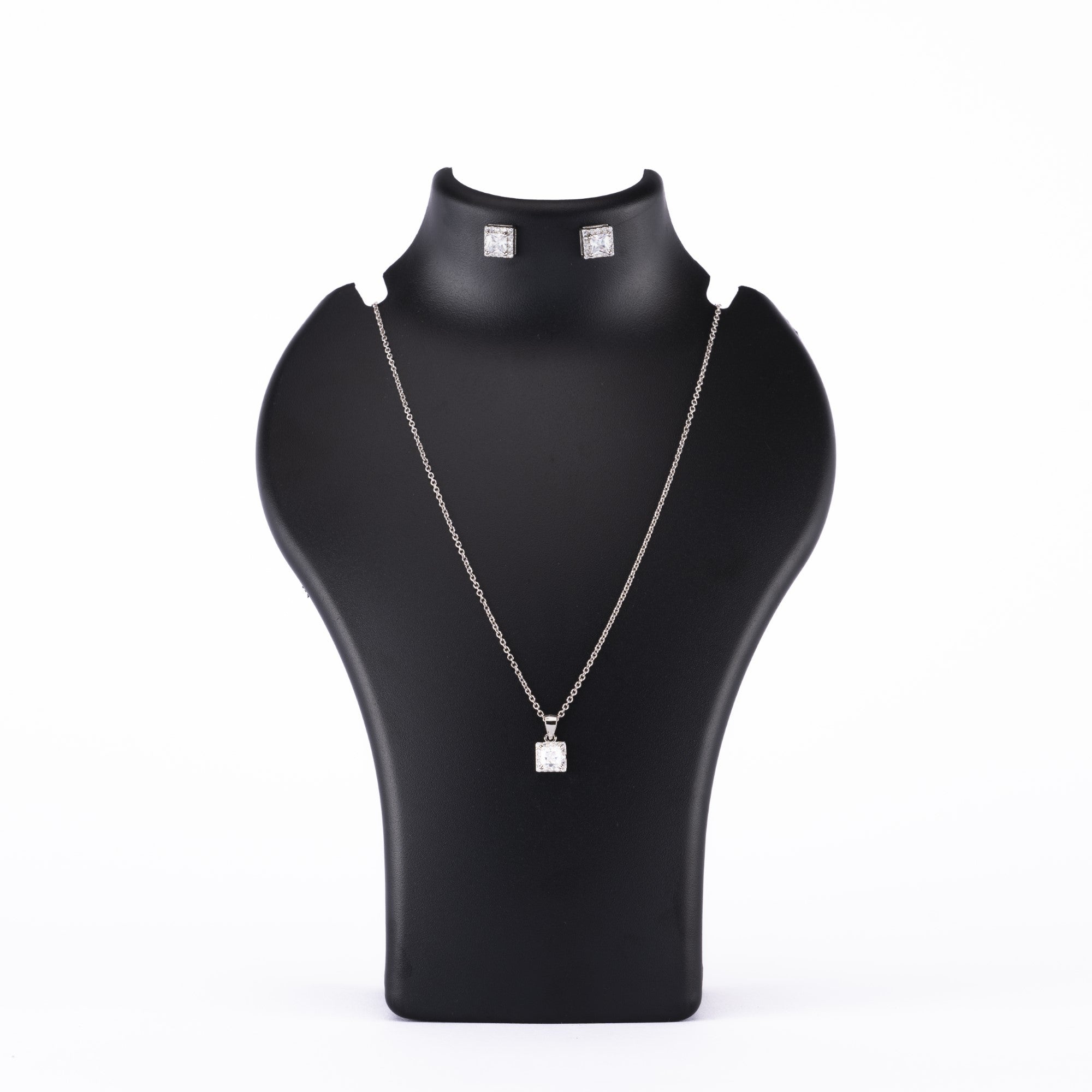 Silver Set Chain Square Pendant and Earrings with Sparkling Stones for Women