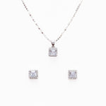 Silver Set Chain Square Pendant and Earrings with Sparkling Stones for Women