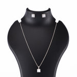 Silver Set Chain Square Pendant and Earrings with Sparkling Stones for Women