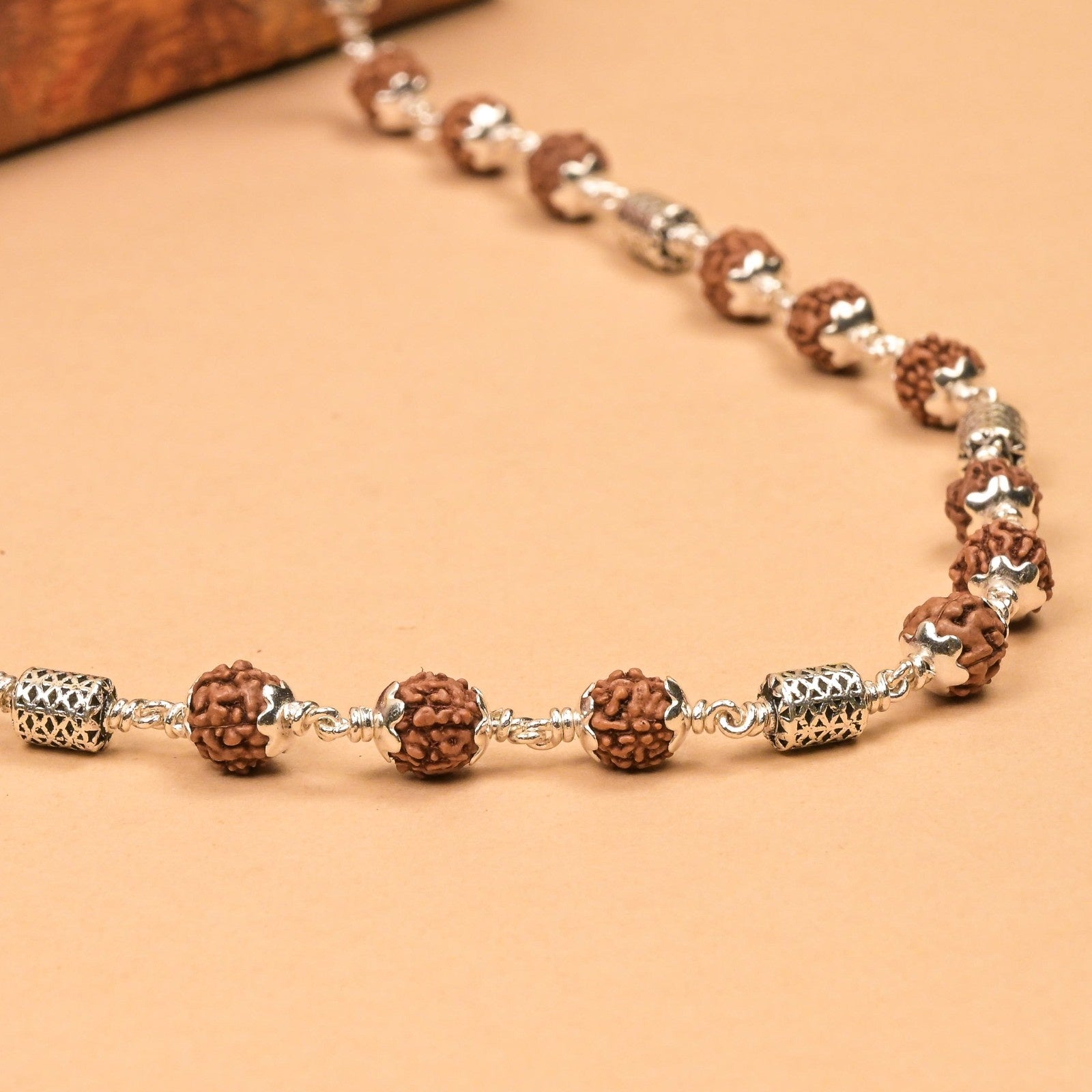 Rudraksha With Oval Filigree Silver Beads Mala