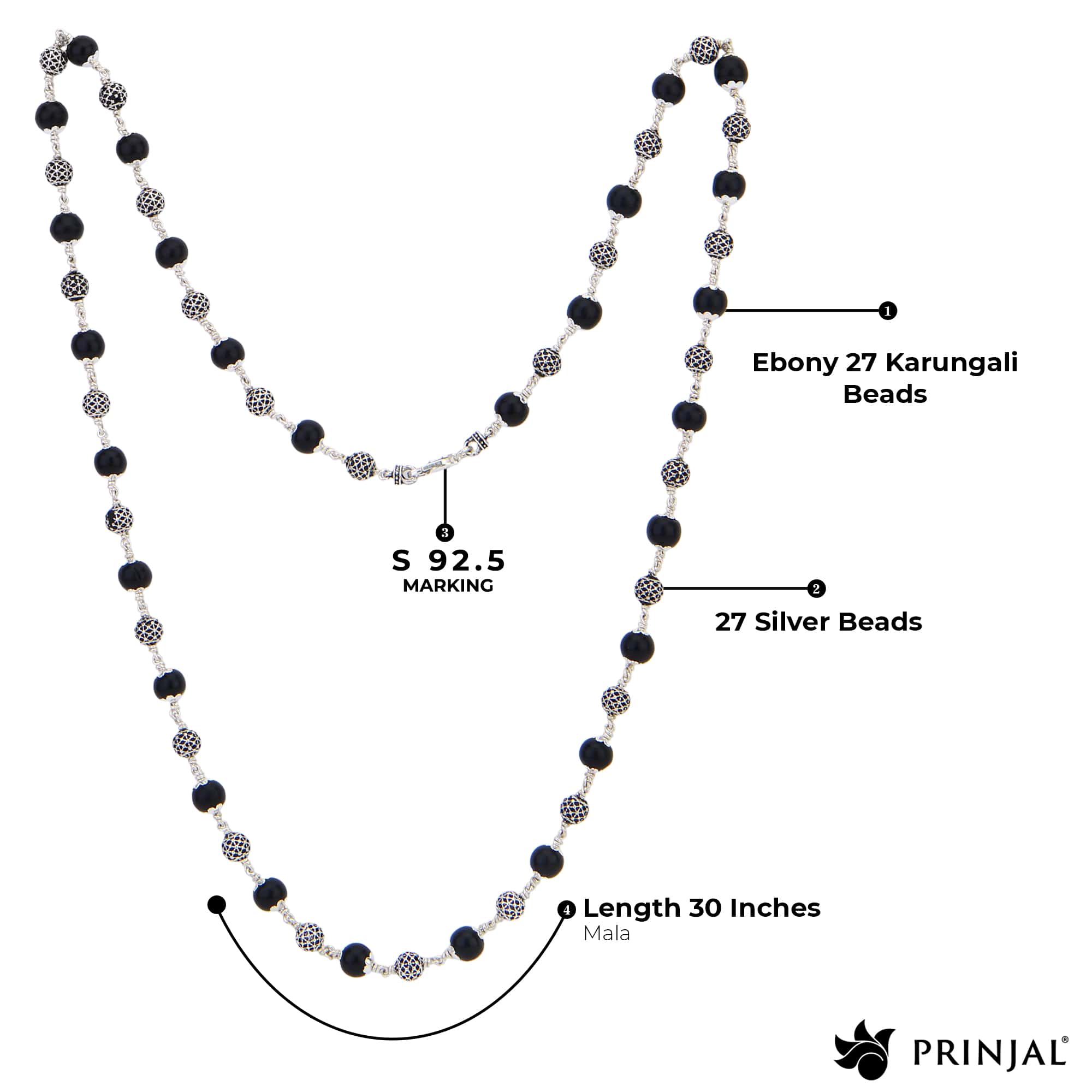 Karungali Silver Mala (Ornate Sphere Beads)