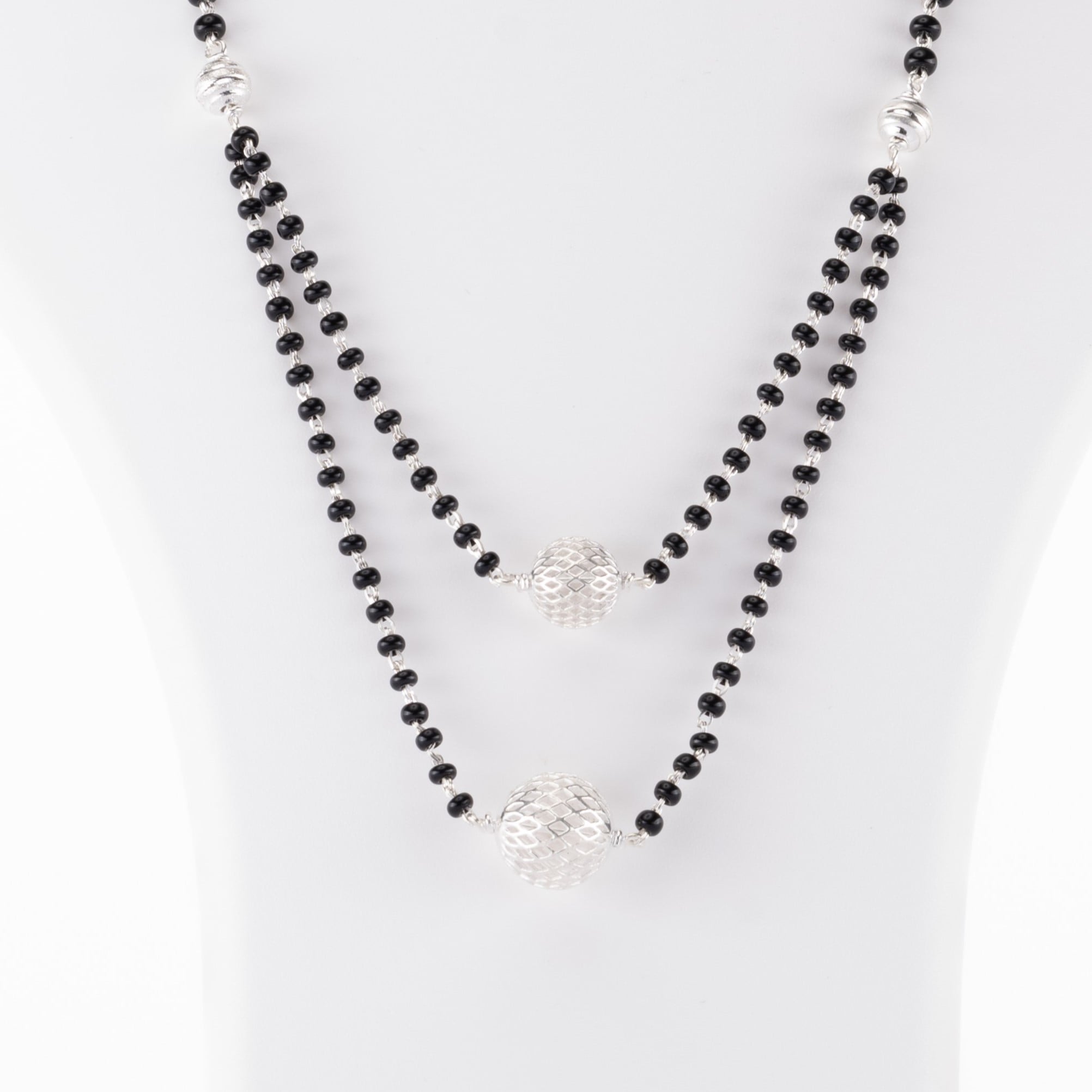 Authentic Black Beads Double Line Mangal Sutra with Silver Pendant for Women