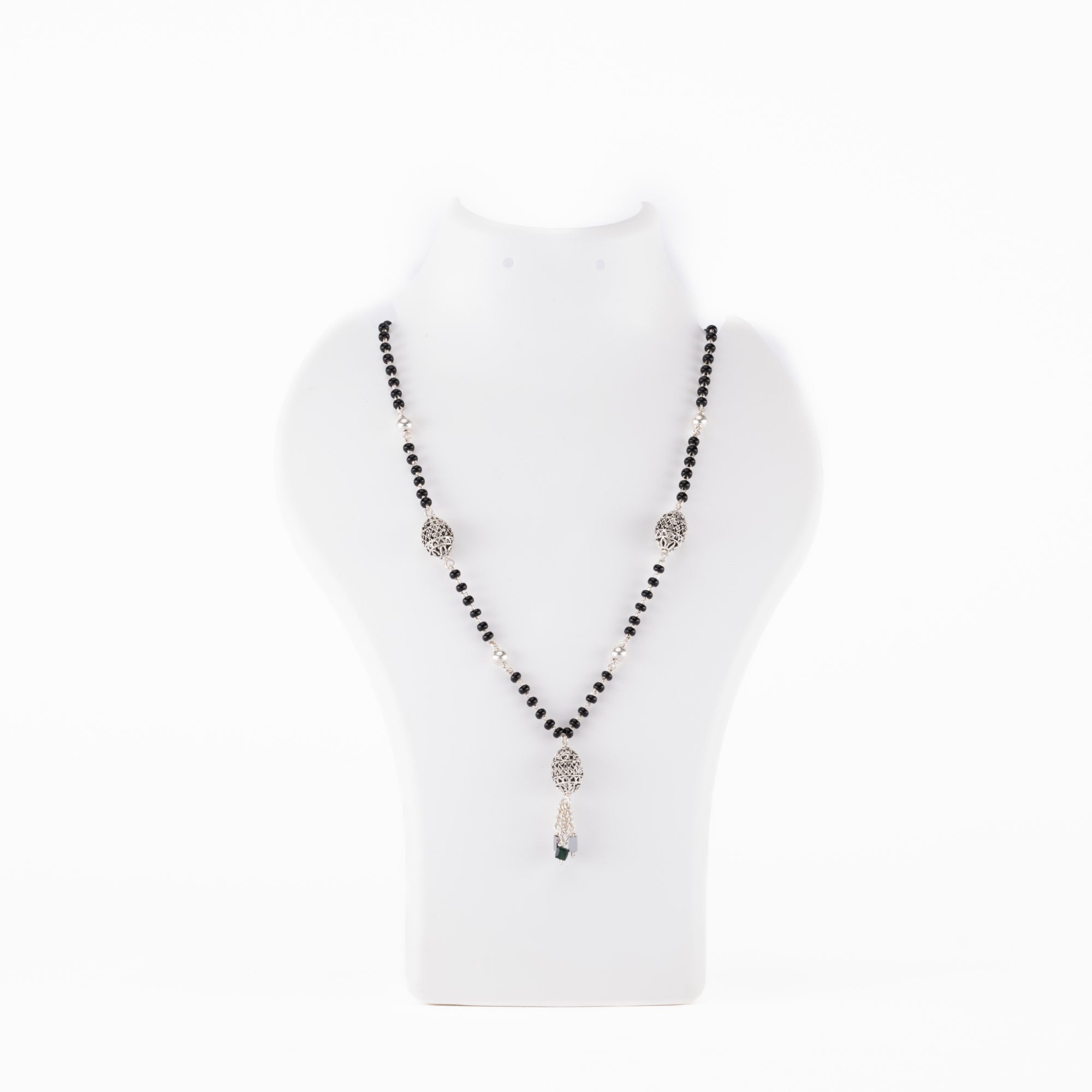 Organic Black Beads Mangal Sutra with 3 Dangling Beaded Silver Pendants for Women
