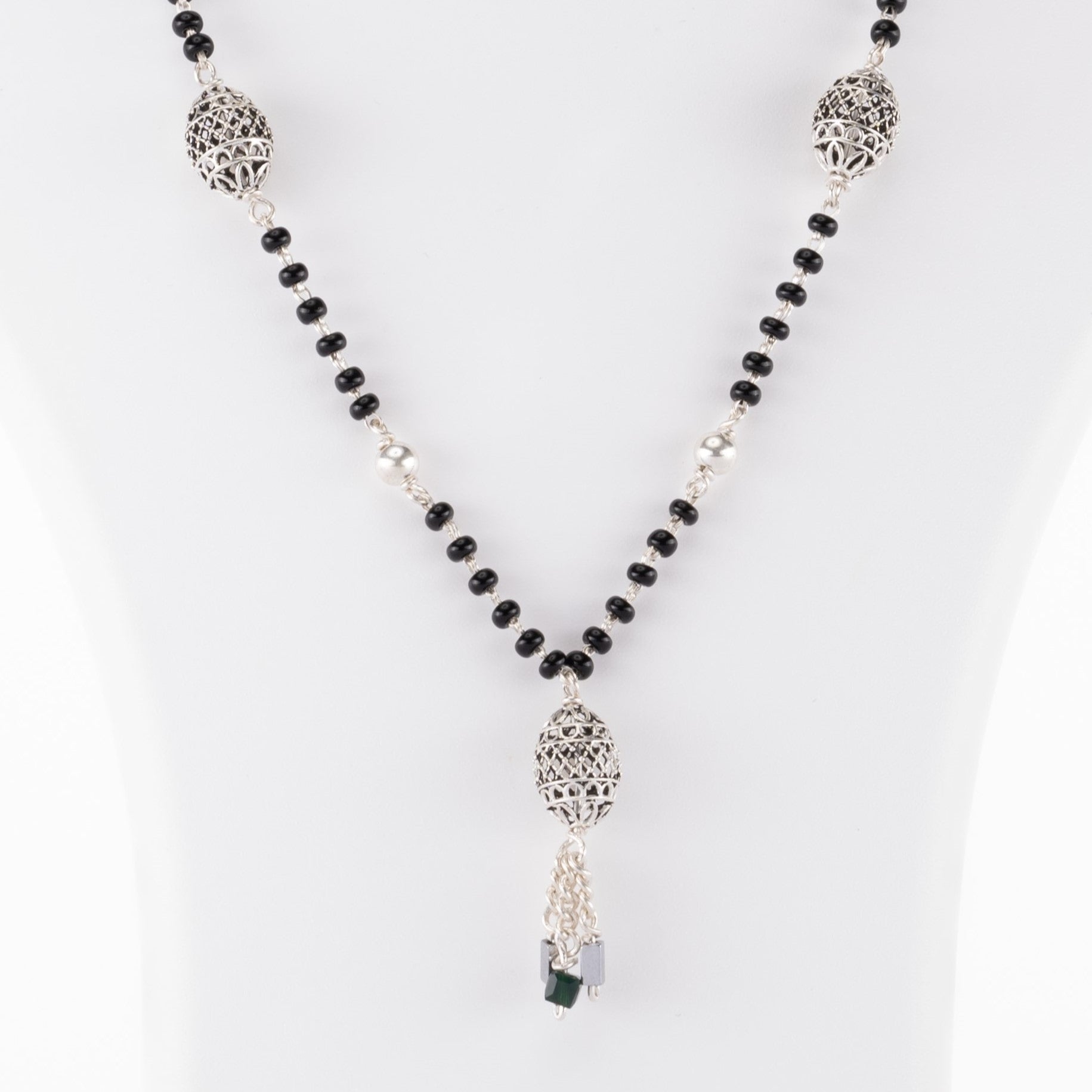 Authentic Black Beads Mangal Sutra with 3 Dangling Beaded Silver Pendants for Women