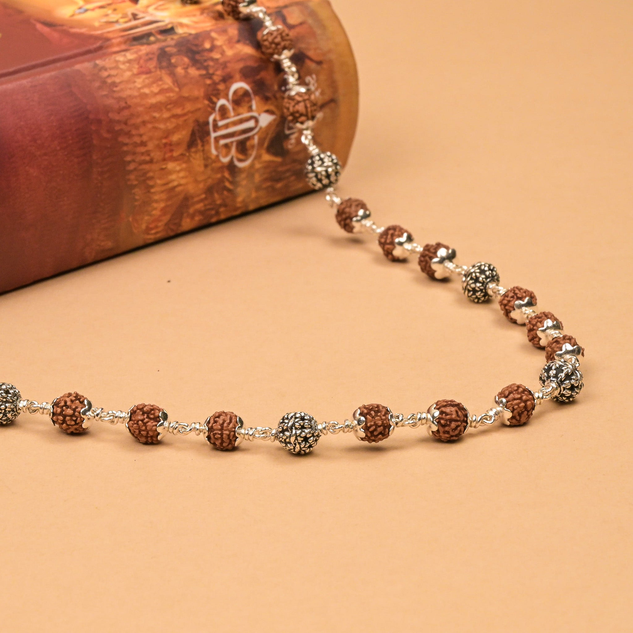 Rudraksha With Flower Silver Bead Mala