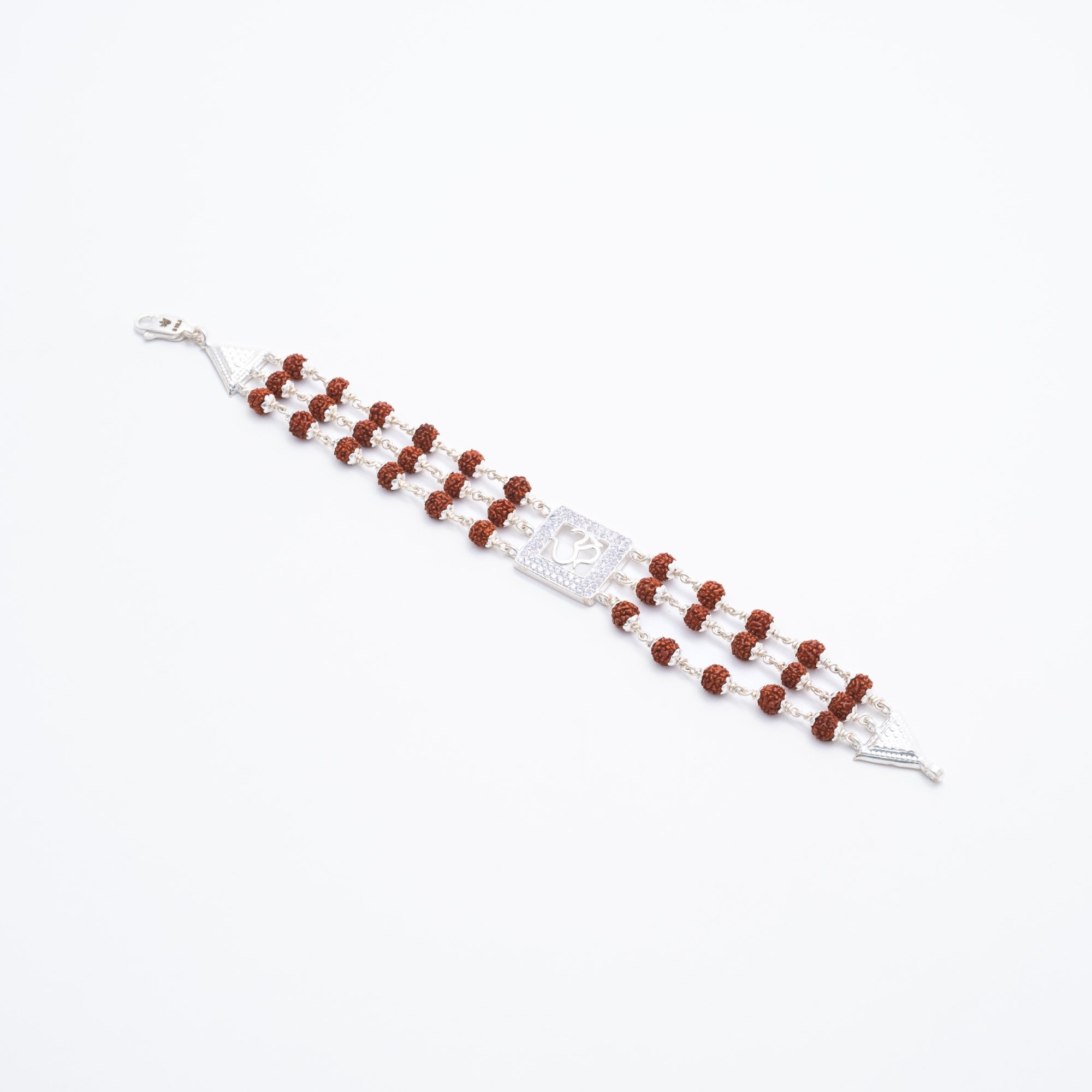 Orignal Rudraksha Silver Om in Square Triple Line Bracelet