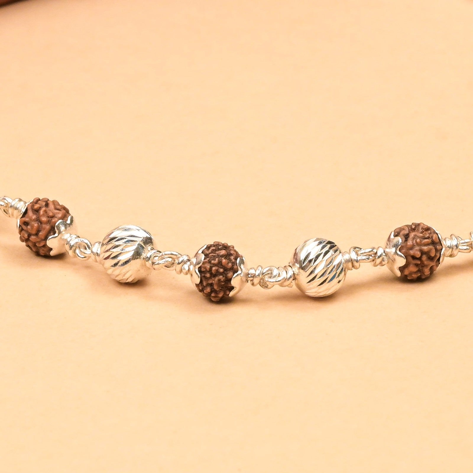 Rudraksha With CNC Silver Bead Necklace Mala