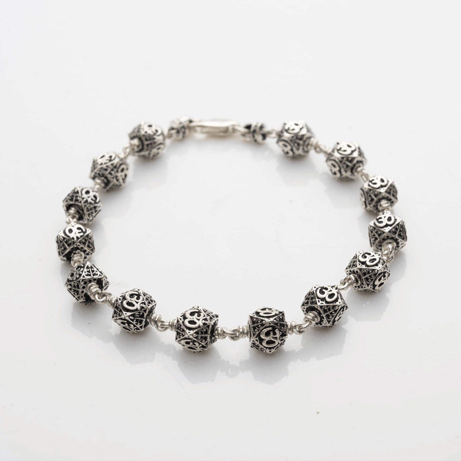 Hexagon Om Silver Beads Bracelet