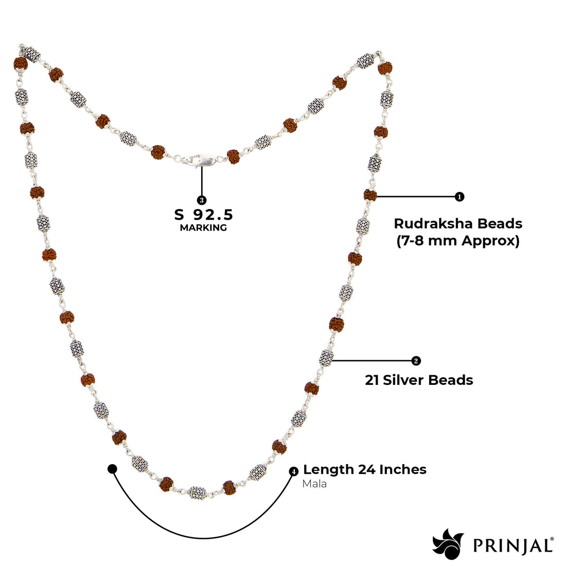 Rudraksha Silver Mala (Oval Filigree Beads)
