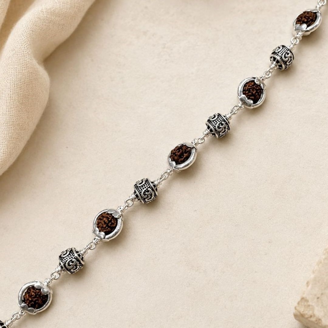 Rudraksha Silver Om Beads Capping Bracelet