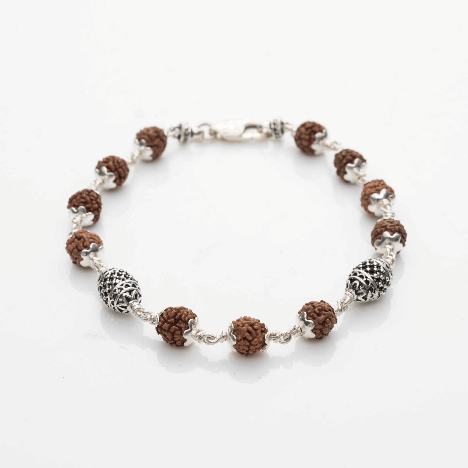 Rudraksha With Cylindrical Silver Beads Bracelet