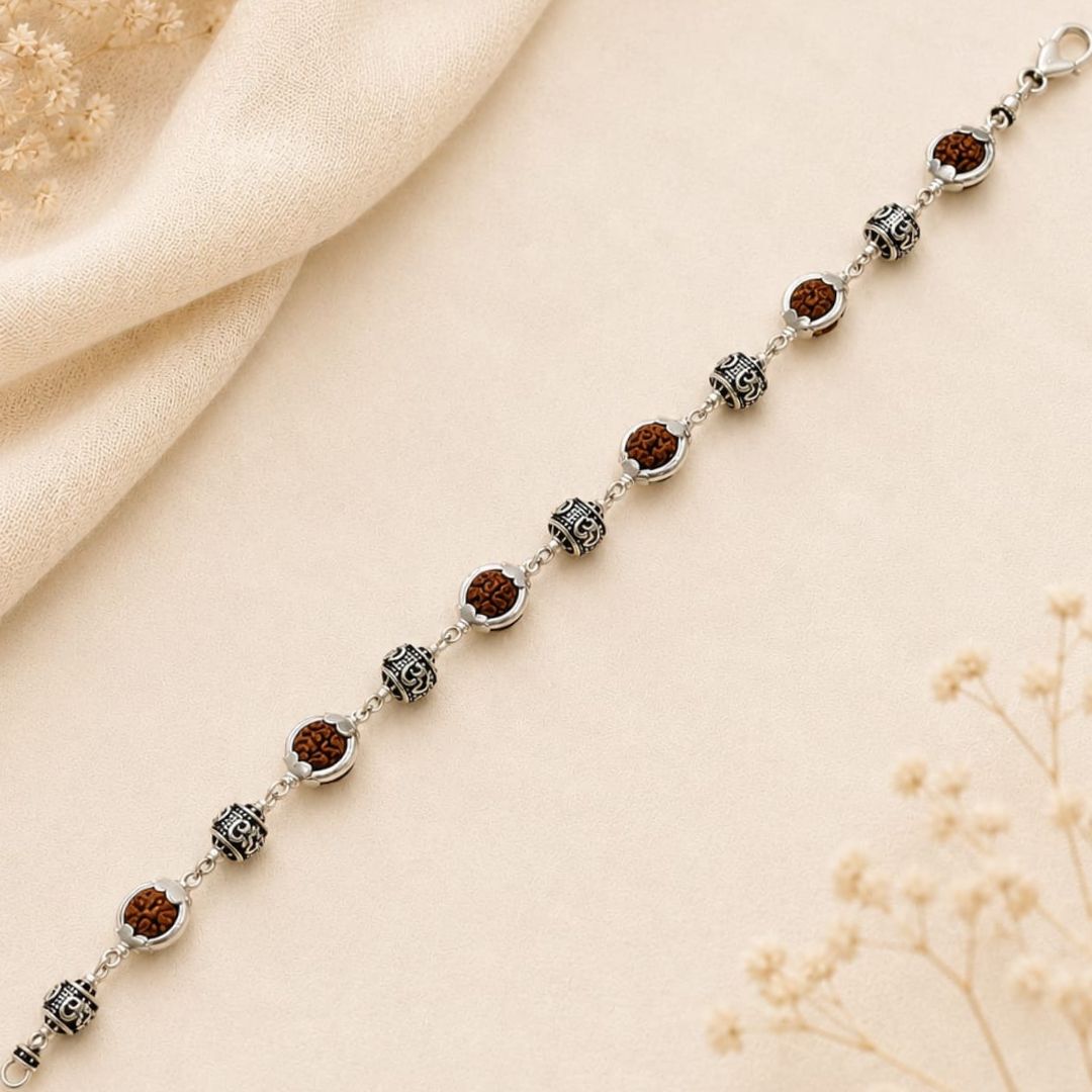 Rudraksha Silver Om Beads Capping Bracelet
