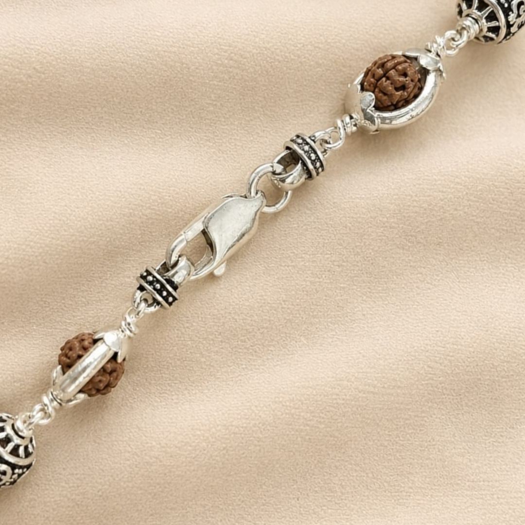 Rudraksha Silver Om Beads Capping Bracelet