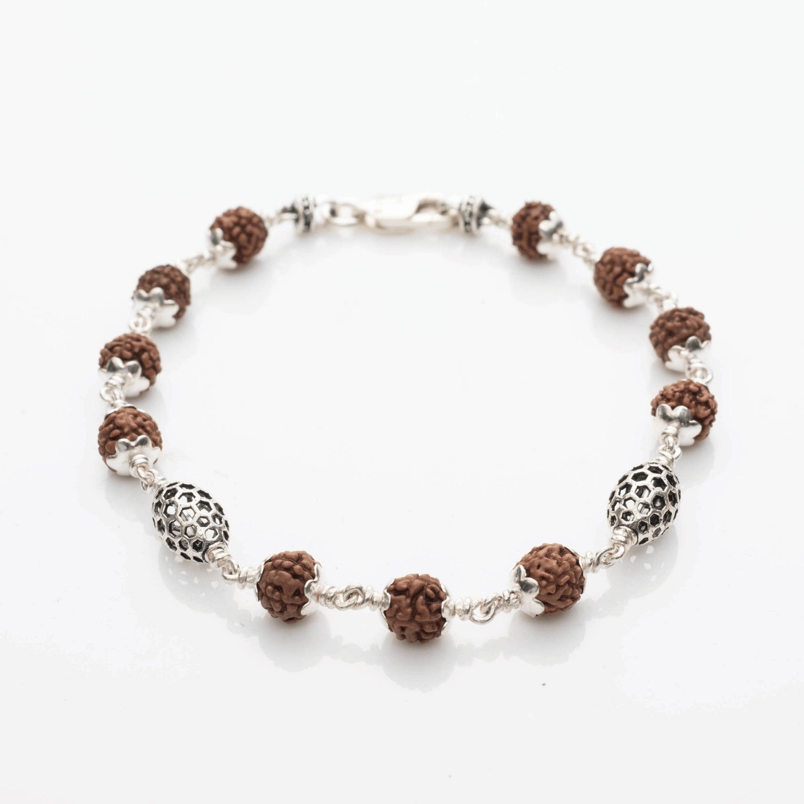 Rudraksha Bracelet with Hollow Oval Silver Beads