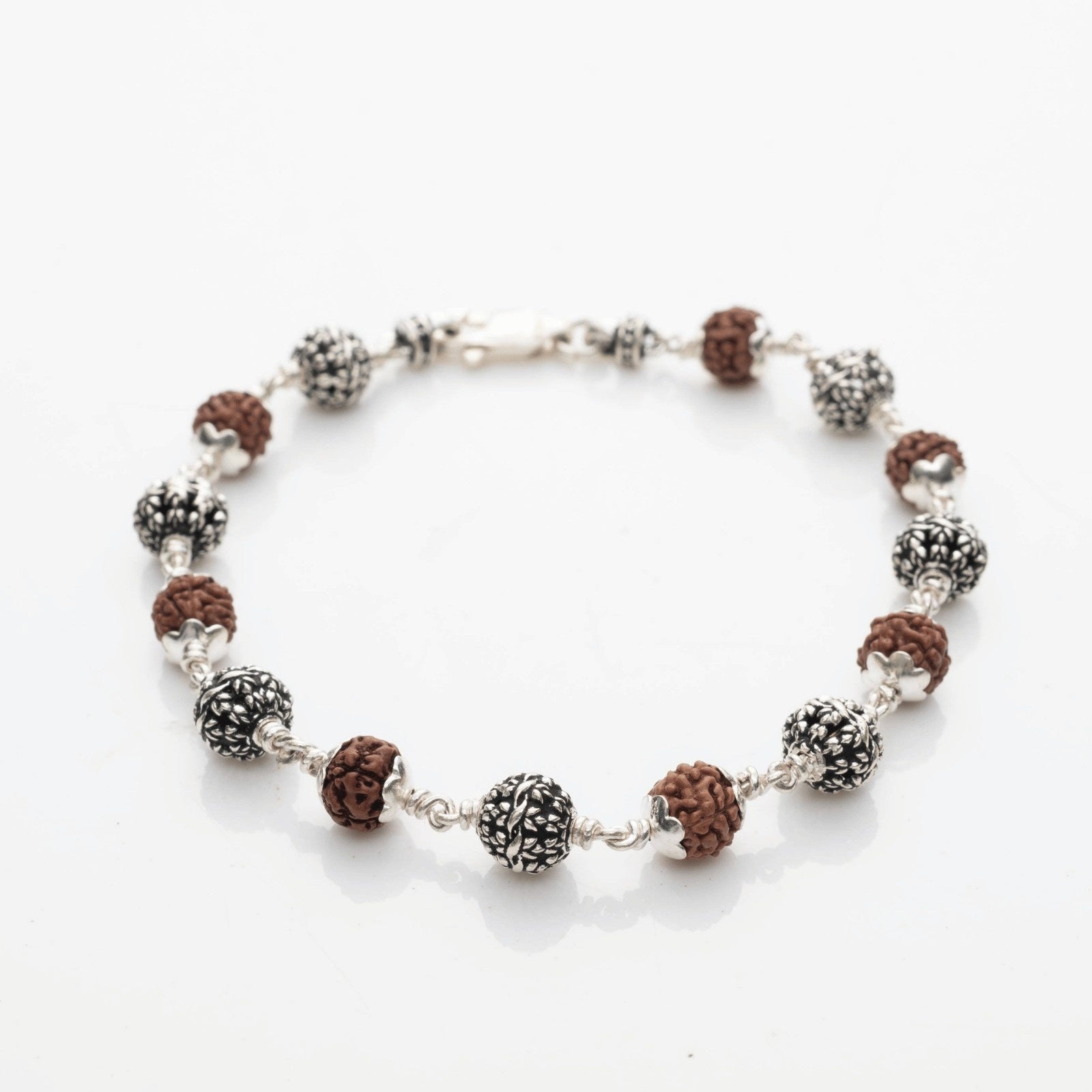 Rudraksha with Flower Silver Beads Bracelet