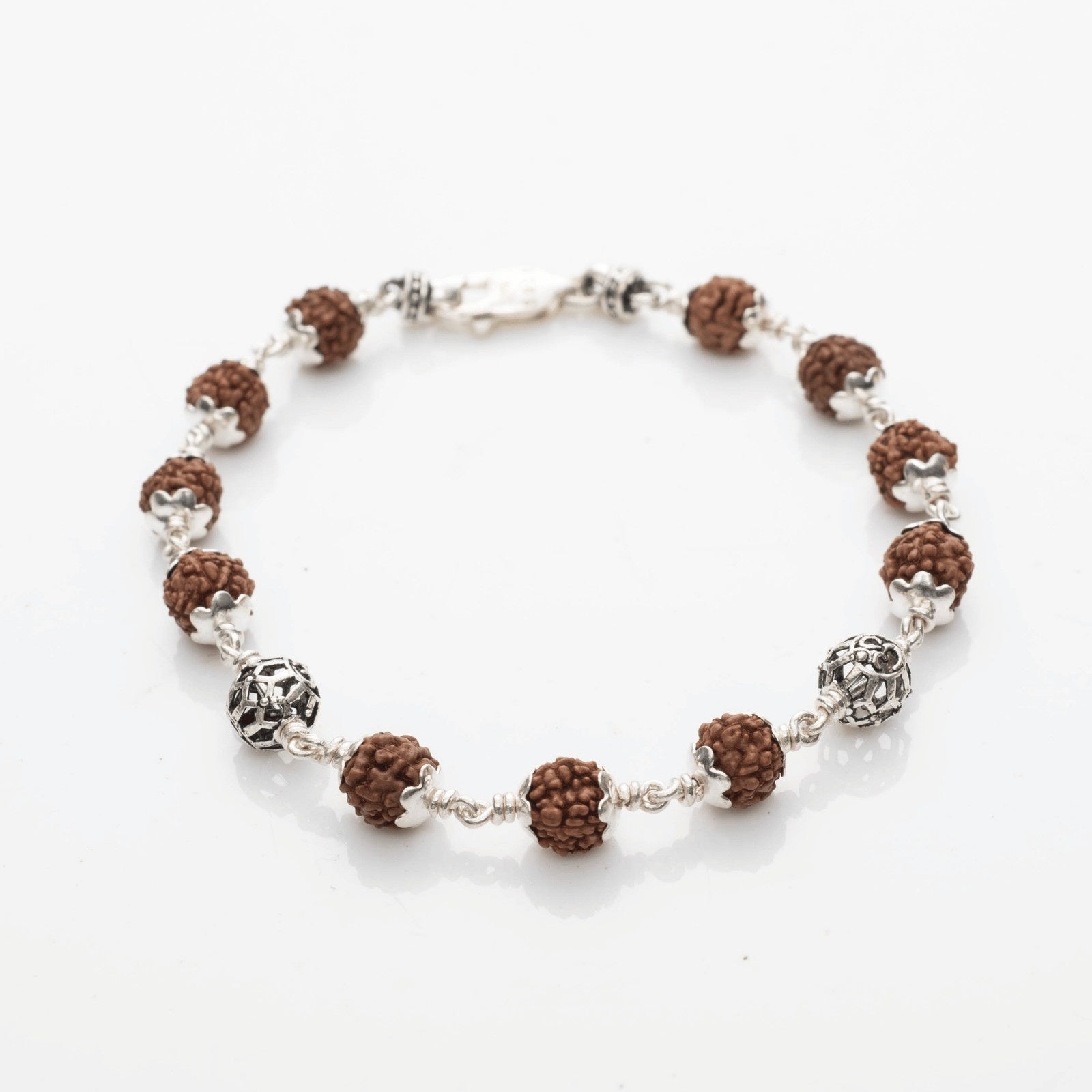 Rudraksha With Round Om Beads Silver Bracelet