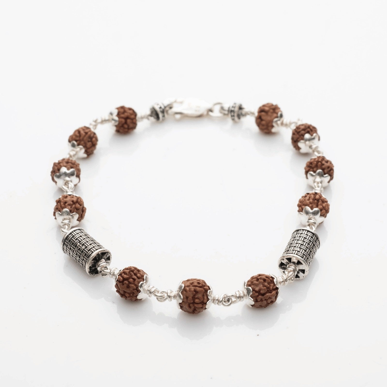 Rudraksha and Cylindrical Silver Beads Bracelet