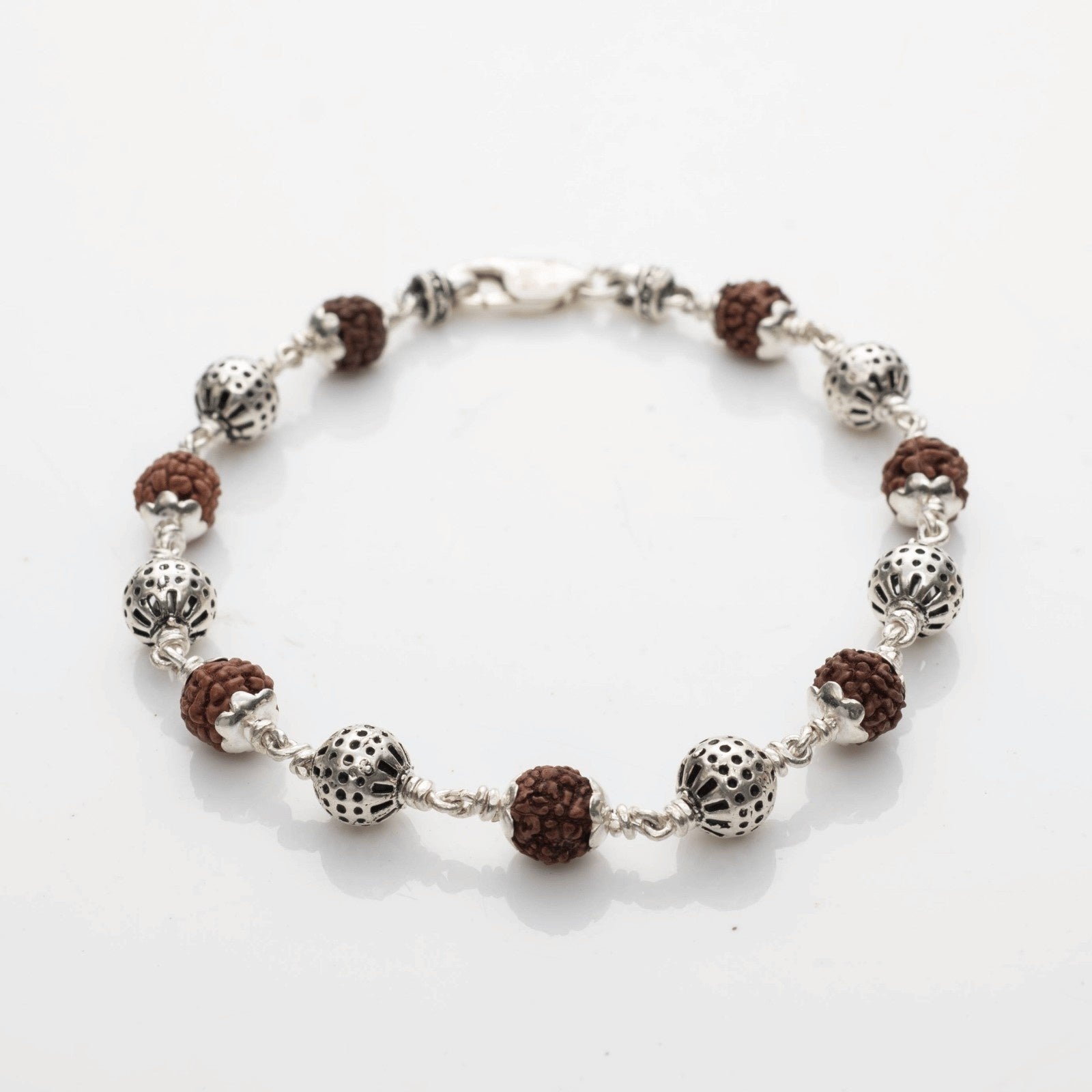 Rudraksha Bracelet with Textured Round Silver Beads