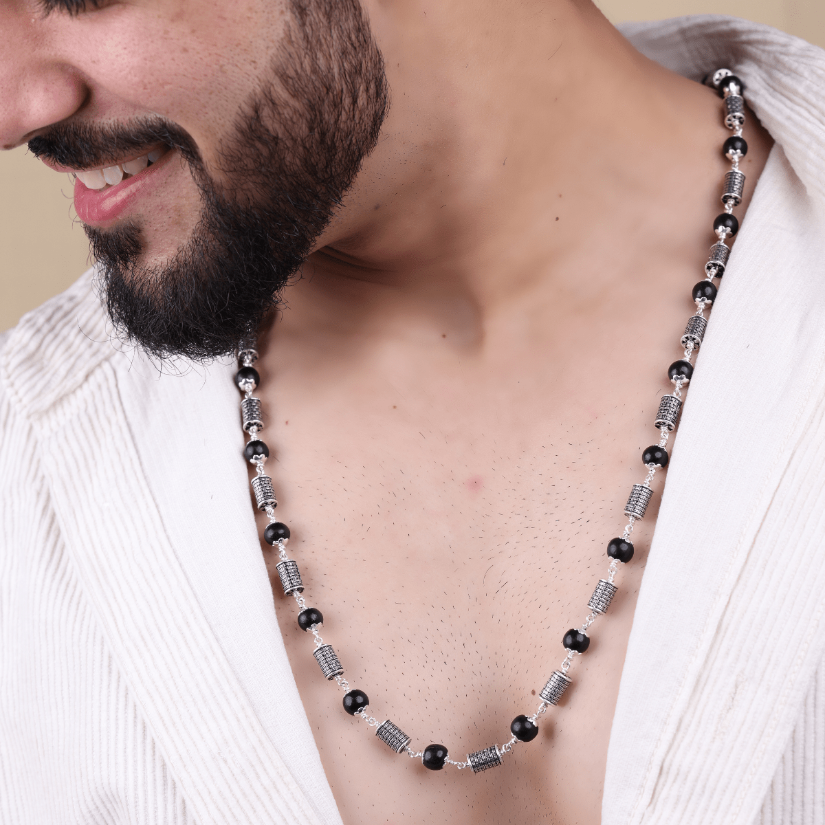 Orignal Karungali Silver Mala with Cylindrical Beads