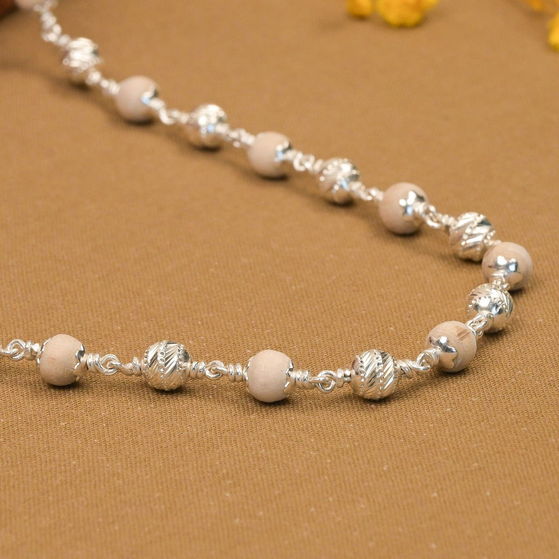 5–6 mm Tulsi Silver Beads Mala (CNC Design)