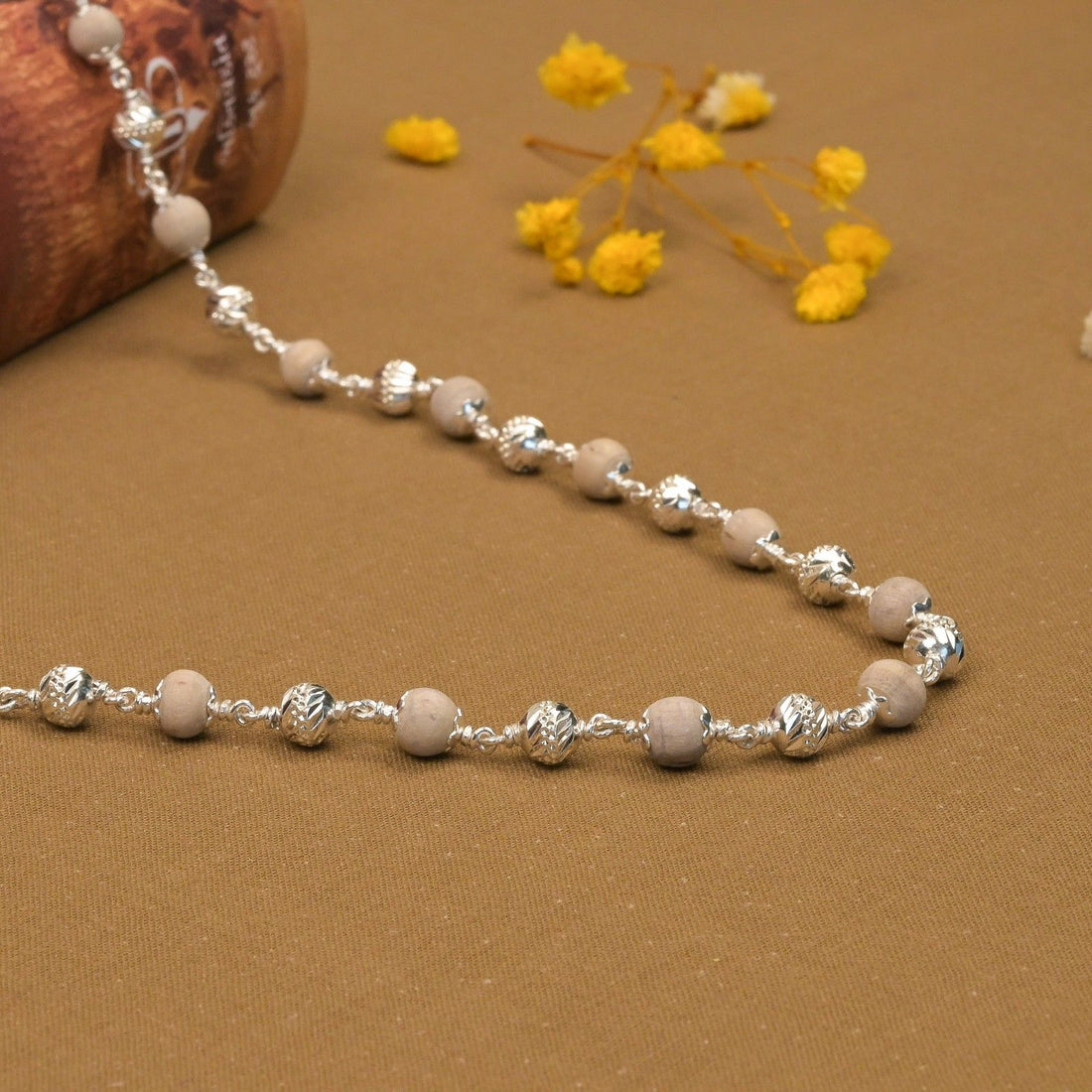 5-6 mm CNC Silver Beads With Tulsi Mala 