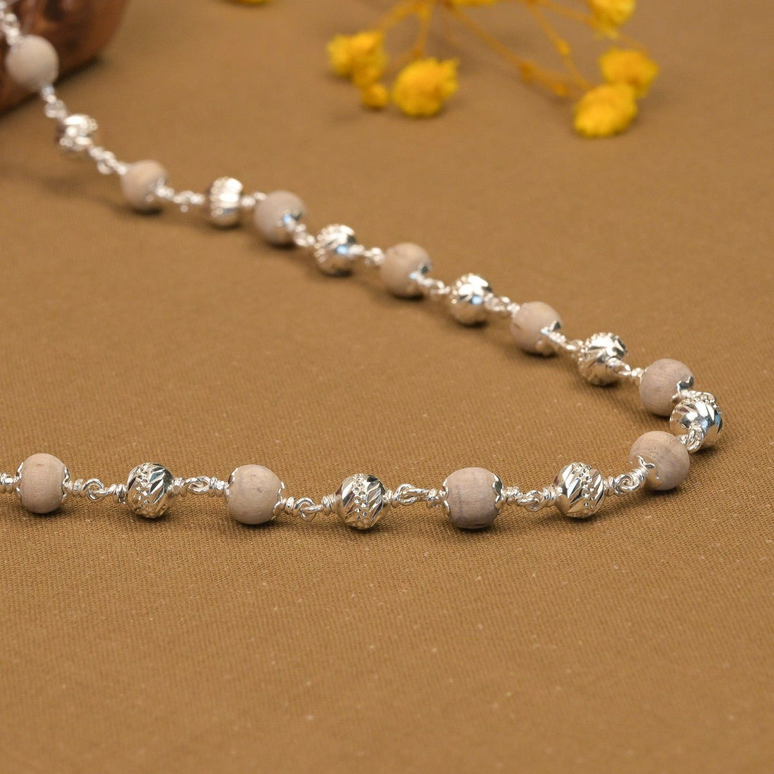 5-6 mm CNC Silver Beads With Tulsi Mala 