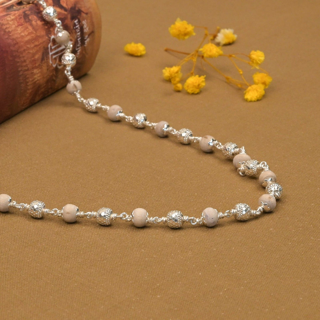 Tulsi With CNC Silver Beads Mala