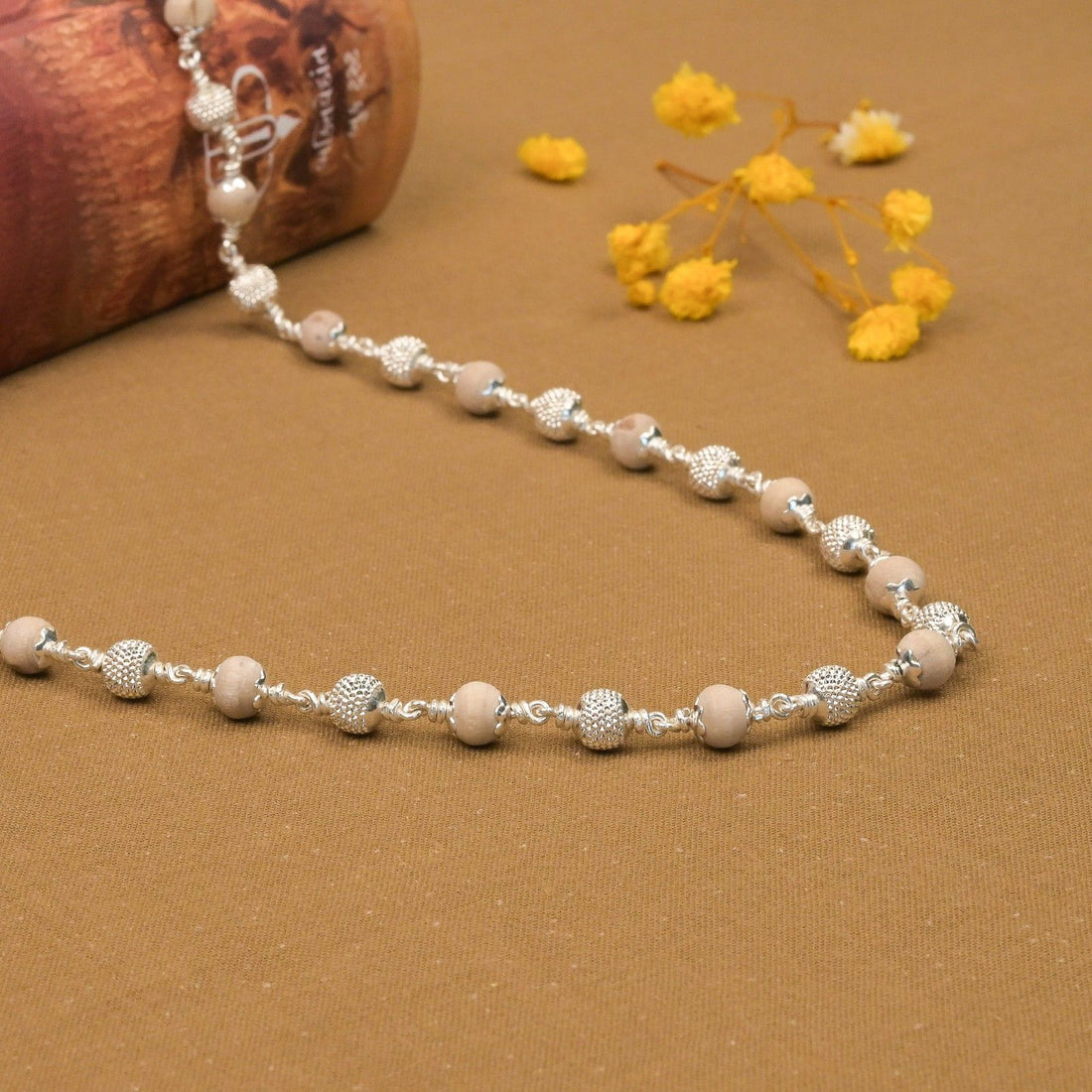 Tulsi With CNC Silver Beads Mala (5-6 mm)