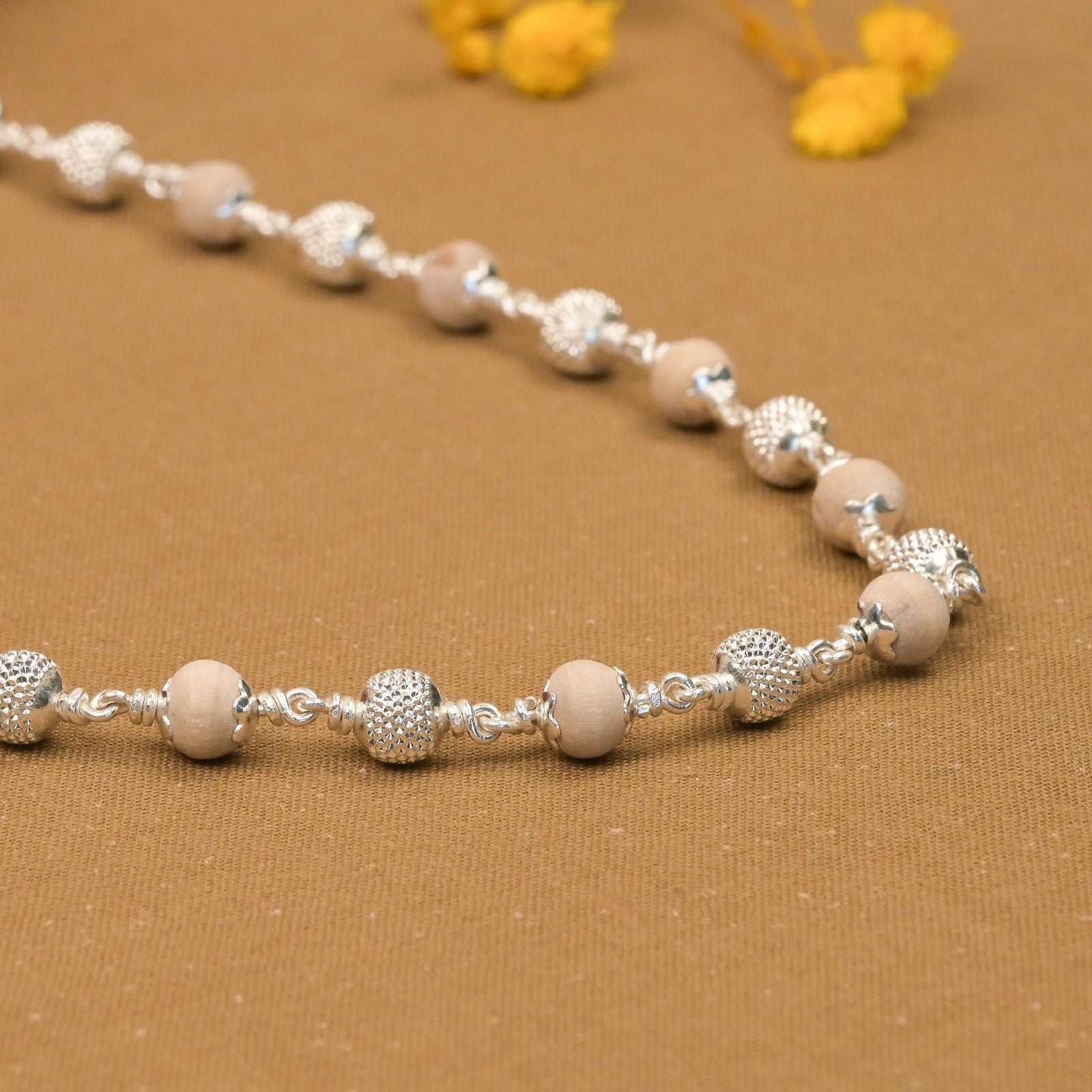 Tulsi With CNC Silver Beads Mala (5-6 mm)