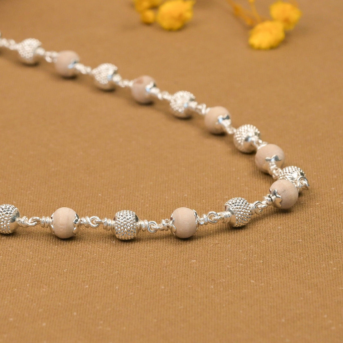 Tulsi With CNC Silver Beads Mala (5-6 mm)