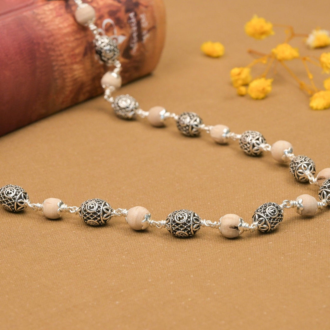 Tulsi With Ovel Om Silver Beads Mala