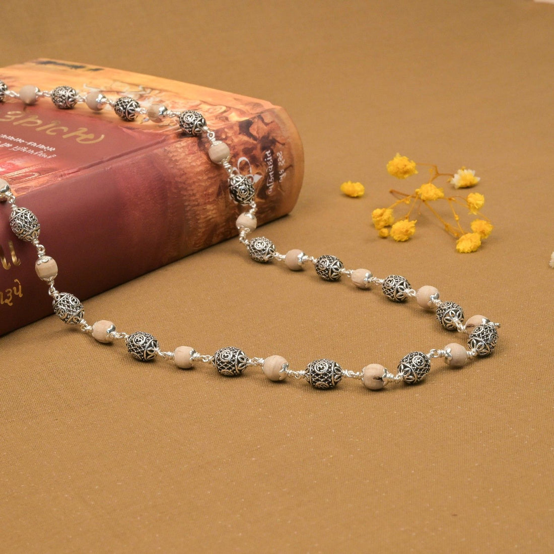 Tulsi With Ovel Om Silver Beads Mala