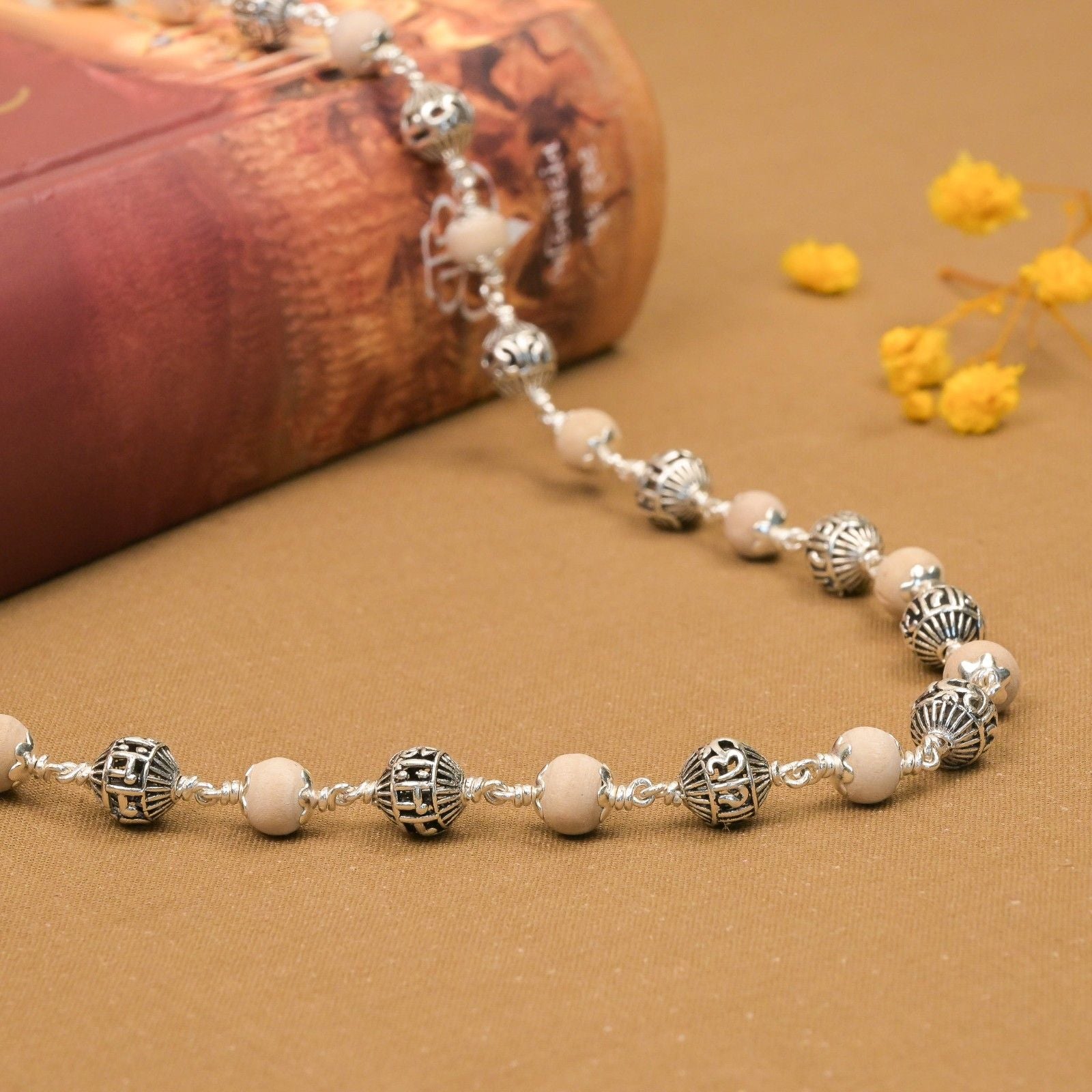 Tulsi With Om Namah Shivay Silver Beads Mala