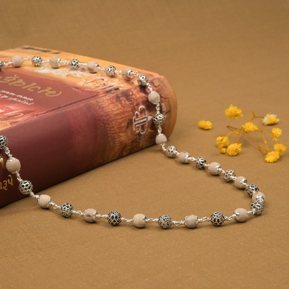Tulsi With Round Om Silver Beads Mala