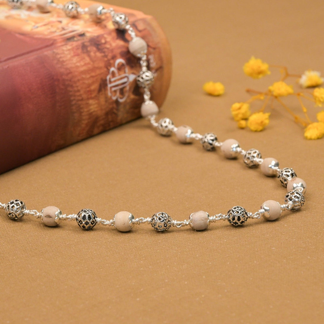 Tulsi With Round Om Silver Beads Mala