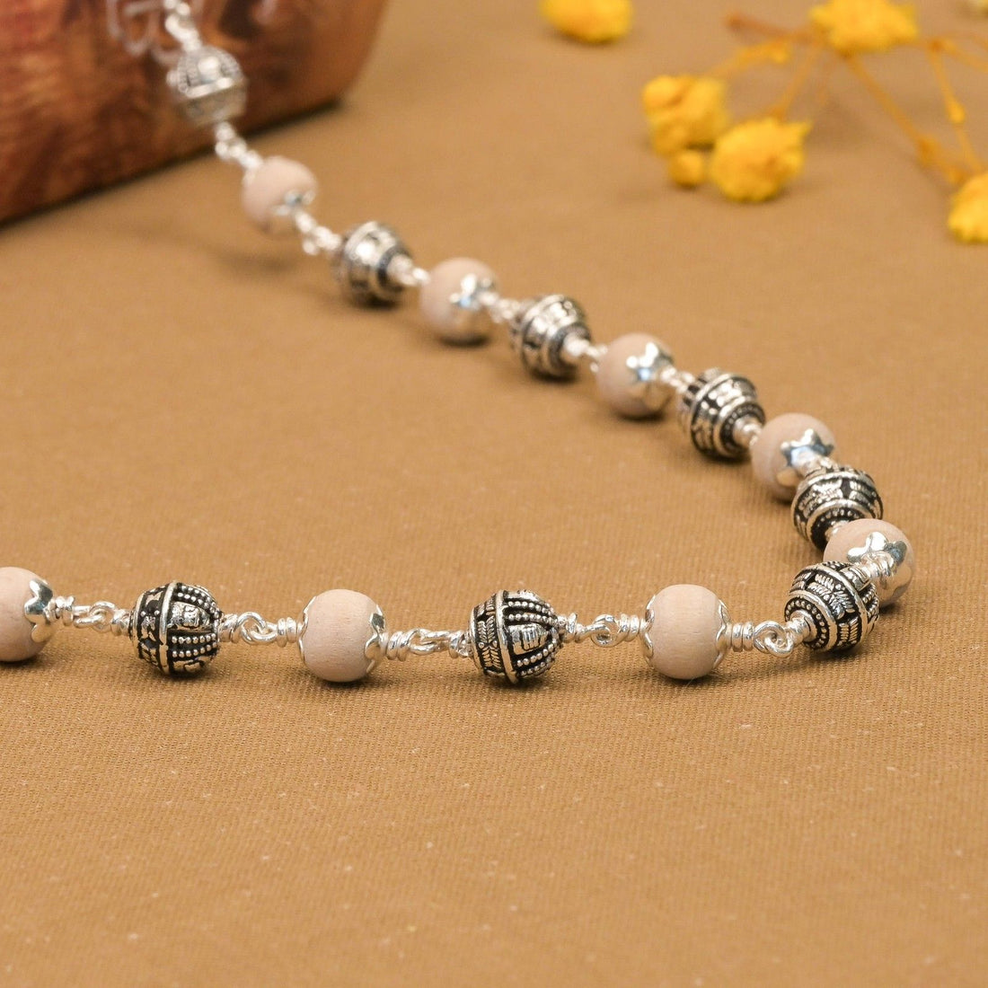 Tulsi With Shivling Silver Beads Mala
