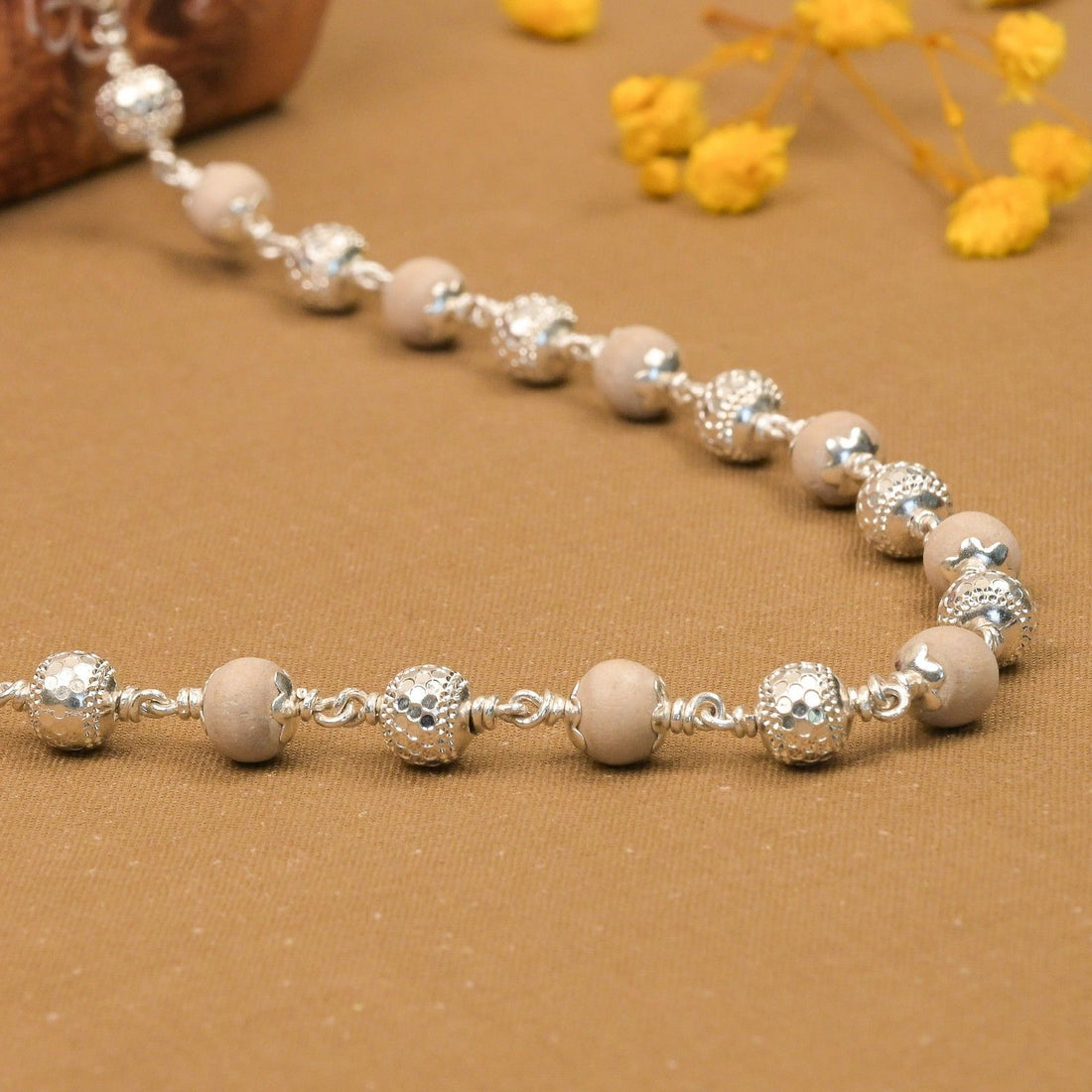 5-6 mm Tulsi With CNC Silver Beads Mala