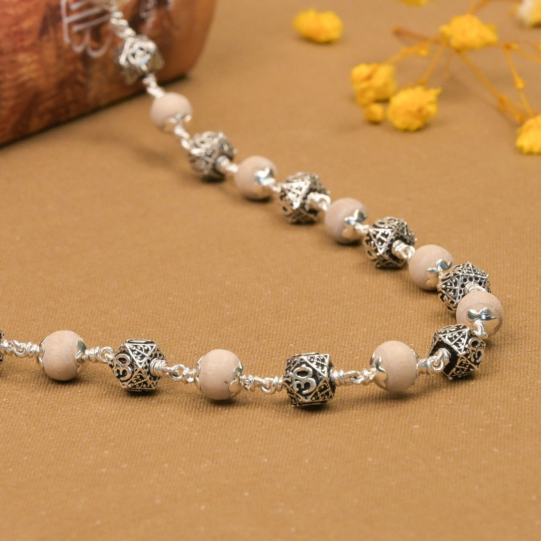 Tulsi With Hexagon Om Silver Beads Mala