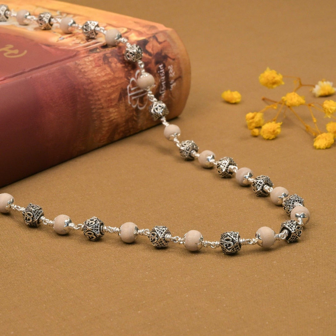 Tulsi With Hexagon Om Silver Beads Mala