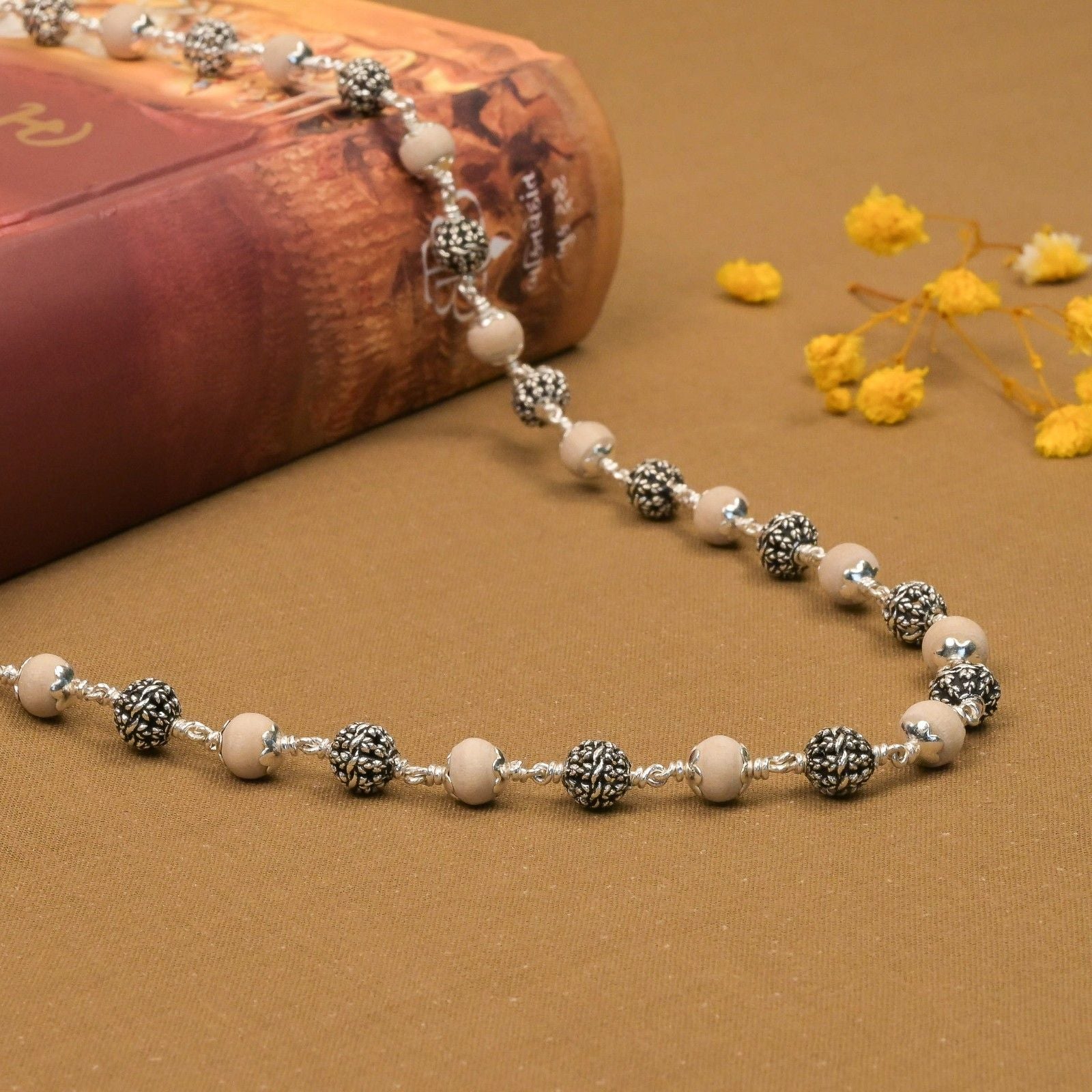 Tulsi With Flower Silver Beads Mala